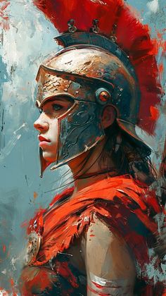 a painting of a roman soldier with red feathers on his head and shoulders, looking to the side