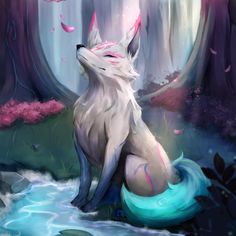 a white fox sitting in the middle of a forest next to a stream and trees