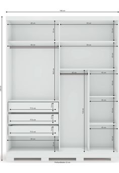 an open closet with measurements for the doors and shelves in white, on a white background