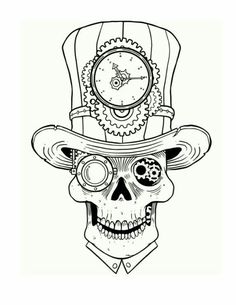 a skull wearing a top hat with gears on it's head and eye glasses