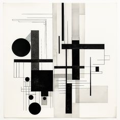 a black and white abstract painting with circles, lines, and squares on it's surface