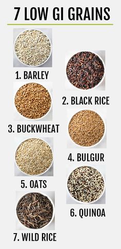 different types of grains in bowls with the words, 7 low gly grains