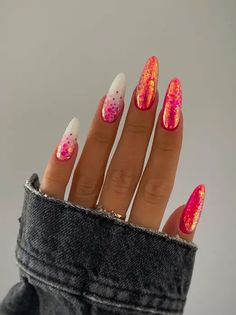 Nail Design Valentine’s Day, Nails February Valentines Day, Nail Almond Ideas, Fun Almond Nails, Fun Birthday Nails, Cute February Nails, Rainbow Nail Ideas, Celebration Nails, Sparkle Nail Art