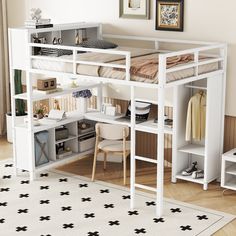 a white loft bed sitting on top of a wooden floor next to a desk and chair