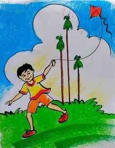 Easy Drawing for children and teachers Easy Drawing For Children, Drawing For Children, Easy Scenery Drawing, Drawings For Kids, Flying Kite, Hand Art Kids, Oil Pastel Drawings Easy