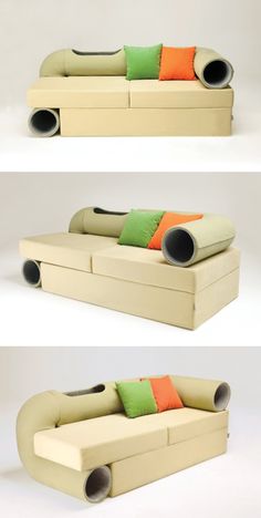 three different views of a couch made out of cardboard and colored pillows on the back