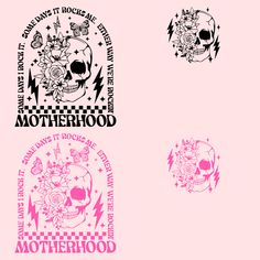 three stickers with different designs on them, one for motherhood and the other for motherhood