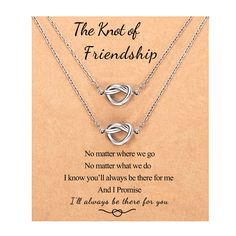 PRICES MAY VARY. 【Love Knot Necklace】：Friendship is a knot that can not be untied. A simple and unique knot design, symbolize the connection between you and me. These best friend necklaces are the perfect gift to let your friends/sisters know how grateful you are to have them. 【Friendship Gifts】：Perfect Birthday gifts, Wedding gifts, Christmas gifts, Moving away gifts, Graduation gifts, Bridesmaid proposal gifts, or for any occasions. 【Material & Size】：Made by 18K silver-plated stainless steel w Middle School Graduation Gifts, Long Distance Birthday, Women Best Friends, Charm Bracelets For Girls, Long Distance Friendship Gifts, Valentines Galentines, Bff Necklace, Bff Stuff, Christmas Gifts For Teen Girls