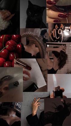 a collage of photos with red lipstick, black cat, and various objects in the background