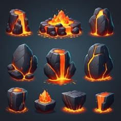 different types of lavas and rocks with fire coming out of the top, on a dark background