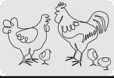 black and white drawing of two roosters, one with an egg in it's beak