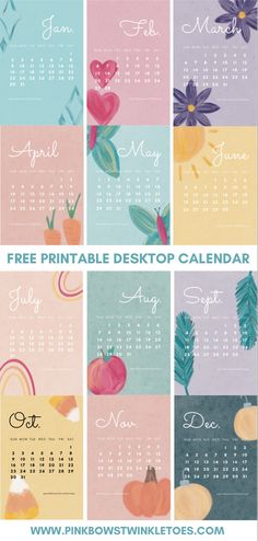 the free printable desktop calendar is available in multiple colors and sizes, including blue, pink