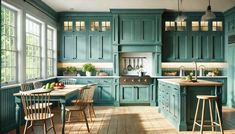 a kitchen filled with lots of green cabinets and counter top space next to a wooden floor