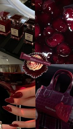 a collage of photos with red nail polishes and handbags on display at a store