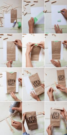 the steps to make a paper bag that says let's eat