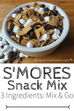 s'mores snack mix in a white bowl with chocolate chips and marshmallows