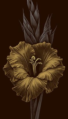 a drawing of a large flower on a black and brown background with long thin leaves