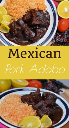 mexican pork adobo on a plate with rice and limes