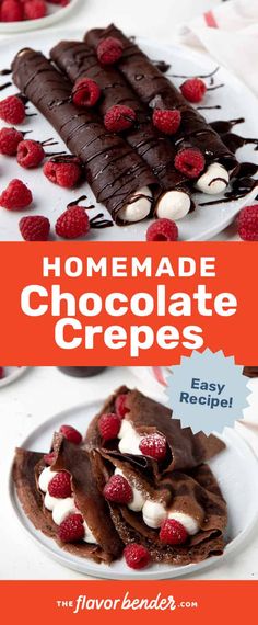 homemade chocolate crepes with raspberries and whipped cream on top are the perfect dessert for valentine's day