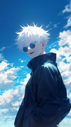 a man with white hair and sunglasses standing in front of the sky, looking off to the side