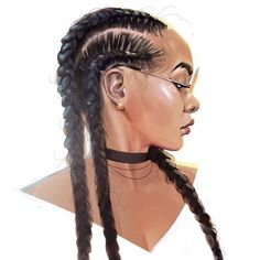 a drawing of a woman with glasses and braids on her head, looking to the side