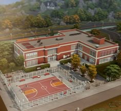 an artist's rendering of a basketball court in front of a large brick building