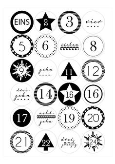 a black and white poster with numbers, stars, and circles on it's sides