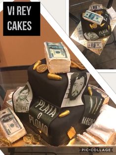 a cake made to look like money is on display with the words vi key cakes