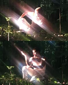 two images of a man sitting in the woods with sunlight coming through his eyes and hands