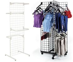 a rack with clothes hanging on it next to another rack that holds clothing and other items