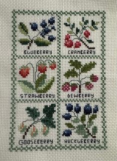 the cross stitch pattern shows four different flowers and leaves, with words written on them