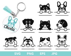 dog keychain with different types of dogs on it and the name, svg png