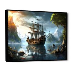 an old pirate ship floating in the ocean near mountains and rocks canvas wall art print