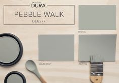 some paint colors are being used to create a wood paneled wall with the words dura pebble walk on it