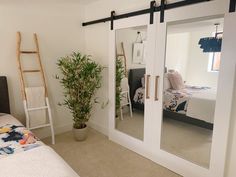 a bedroom with mirrored closet doors and a bed