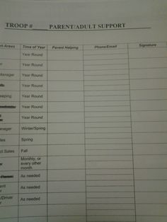 a sheet of paper that has some sort of information on top of it, with the words troop and parent adult support