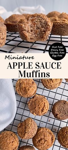 muffins cooling on a wire rack with the words, miniature apple sauce muffins