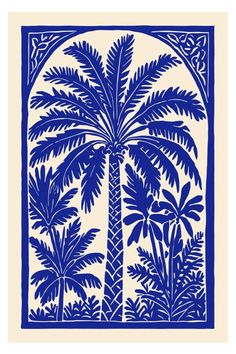 a blue and white drawing of a palm tree