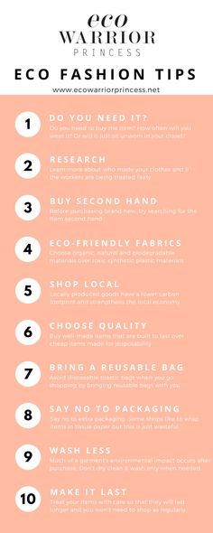 an info sheet with the words eco fashion tips in white and black on pink background