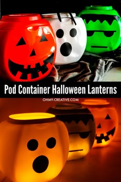 three halloween lanterns with faces on them and the words pod container halloween lanterns written below