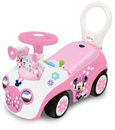 a pink and white toy car with minnie mouse on it