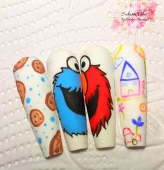 Sesame Street Nail Designs, Sesame Street Nails, Cookie Monster Nails, Nail Glow, Seaseme Street, Monster Nails, Royal Blue Nails, Unique Acrylic Nails, Street Nails