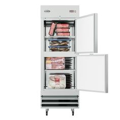 an open refrigerator freezer with food inside