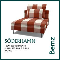 a red and white checkered couch with the name soderhamn on it