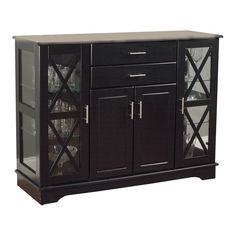 a black cabinet with glass doors and drawers