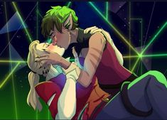 two people are kissing in front of an abstract background with green and blue lights on it