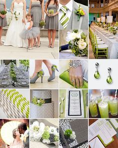 a collage of green and gray wedding colors