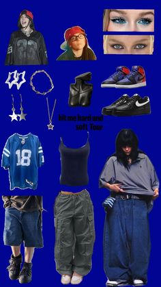 a collage of various items that include shoes, shorts and hoodies