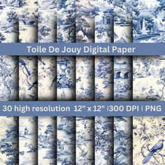 blue and white wallpapers with birds, flowers, trees and other things toile de jouy digital paper