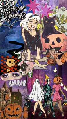 a collage of halloween pictures with witches, cats and pumpkins on it's side